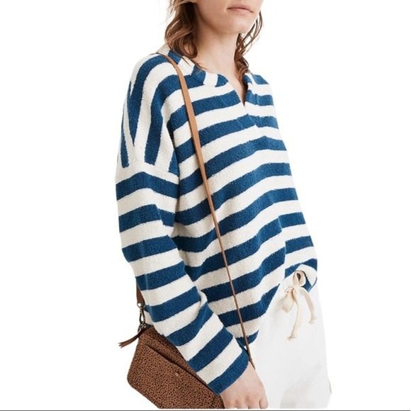Madewell Sweatshirt Women Small Loop Terry Notch Blue White Stripe Dark‎ Lagoon - Picture 8 of 9
